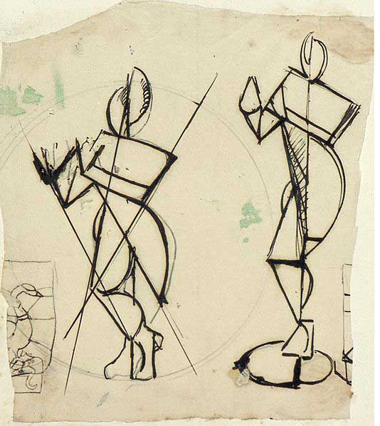 Theo van Doesburg Two sketches of Krishna playing a flute, seen from the front.